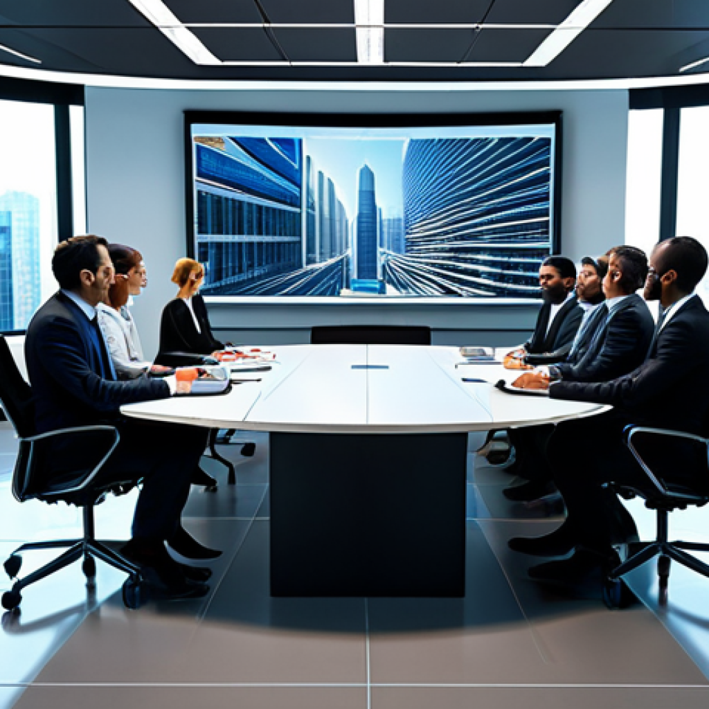 A diverse group of professional architectural engineers, fully clothed in modest business attire, professional dress. They are seated around a large, futuristic conference table in a sunlit, modern architectural design studio. Large holographic displays or ultra-wide monitors show a detailed 3D model of a complex skyscraper, with data overlays and real-time edits, emphasizing global collaboration and advanced digital tools. The scene includes individuals who could be seen remotely via clear video conferencing screens integrated into the table or wall. Perfect anatomy, correct proportions, natural poses, well-formed hands, proper finger count, safe for work, appropriate content, fully clothed, professional, high-resolution, sharp focus, professional photography, realistic rendering.