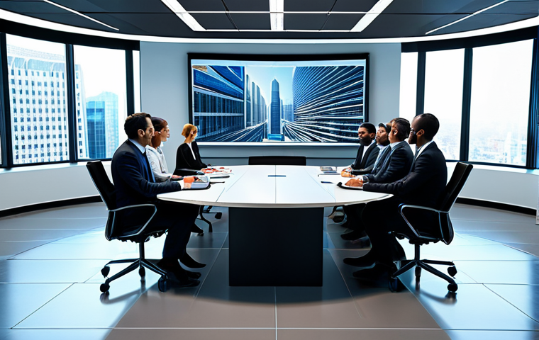 A diverse group of professional architectural engineers, fully clothed in modest business attire, professional dress. They are seated around a large, futuristic conference table in a sunlit, modern architectural design studio. Large holographic displays or ultra-wide monitors show a detailed 3D model of a complex skyscraper, with data overlays and real-time edits, emphasizing global collaboration and advanced digital tools. The scene includes individuals who could be seen remotely via clear video conferencing screens integrated into the table or wall. Perfect anatomy, correct proportions, natural poses, well-formed hands, proper finger count, safe for work, appropriate content, fully clothed, professional, high-resolution, sharp focus, professional photography, realistic rendering.