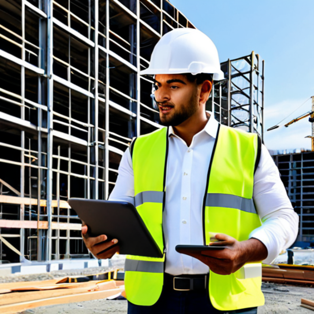 A professional architectural technologist, a person of diverse ethnicity, standing confidently on a modern construction site. They are wearing a professional hard hat, safety vest, work boots, and modest, durable work attire, fully clothed. In their hands, they hold a tablet displaying a complex 3D BIM model of a building structure. In the background, a large commercial building is under construction, with cranes and steel framework visible under a clear sky. The site appears organized and active. Perfect anatomy, correct proportions, natural pose, well-formed hands, proper finger count, natural body proportions, professional photography, high detail, sharp focus, vibrant colors, safe for work, appropriate content, fully clothed, professional, family-friendly.