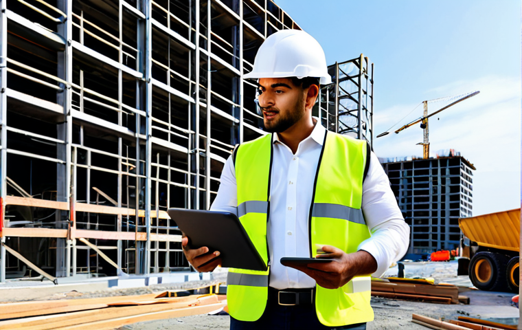A professional architectural technologist, a person of diverse ethnicity, standing confidently on a modern construction site. They are wearing a professional hard hat, safety vest, work boots, and modest, durable work attire, fully clothed. In their hands, they hold a tablet displaying a complex 3D BIM model of a building structure. In the background, a large commercial building is under construction, with cranes and steel framework visible under a clear sky. The site appears organized and active. Perfect anatomy, correct proportions, natural pose, well-formed hands, proper finger count, natural body proportions, professional photography, high detail, sharp focus, vibrant colors, safe for work, appropriate content, fully clothed, professional, family-friendly.