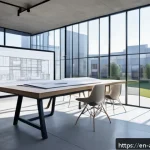 Home 18 건축기술사와 실내건축기사의 차이 - A modern architect’s workspace featuring a large digital screen displaying a detailed 3D building mo...