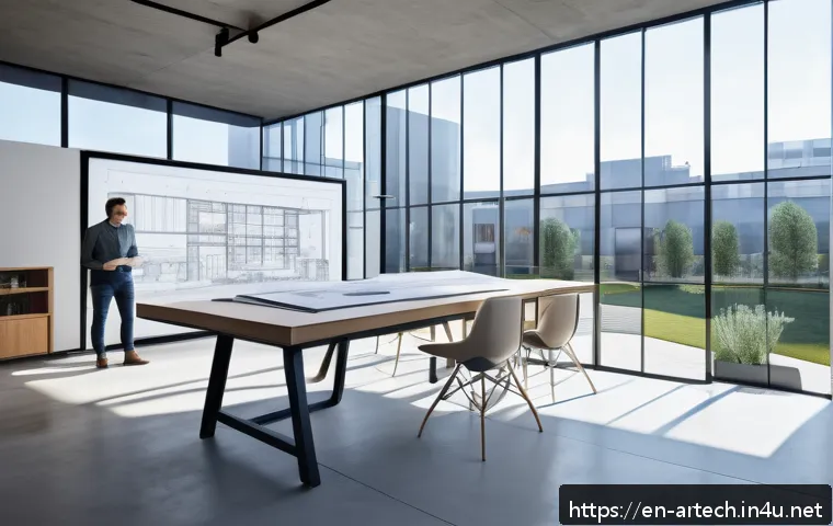 건축기술사와 실내건축기사의 차이 - A modern architect&rsquo;s workspace featuring a large digital screen displaying a detailed 3D building mo...