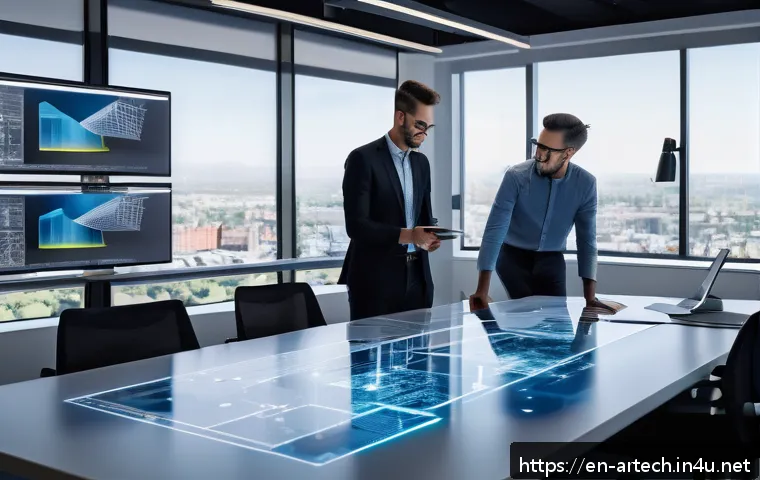 건축기술사와 설계 검토 업무 - A high-tech structural engineering office scene showing a diverse team of engineers collaborating in...